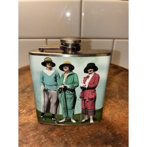 Golf Flask Three Women Golfers Colorful Art Deco Liquor Hip Flask